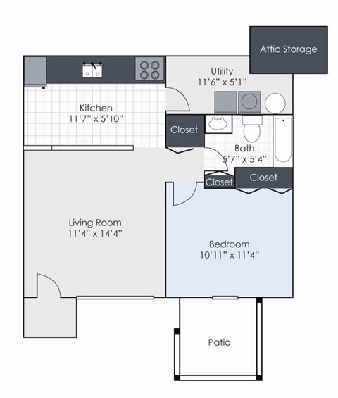 Floor plan for 1 bed, 1 bath, 576 sqft